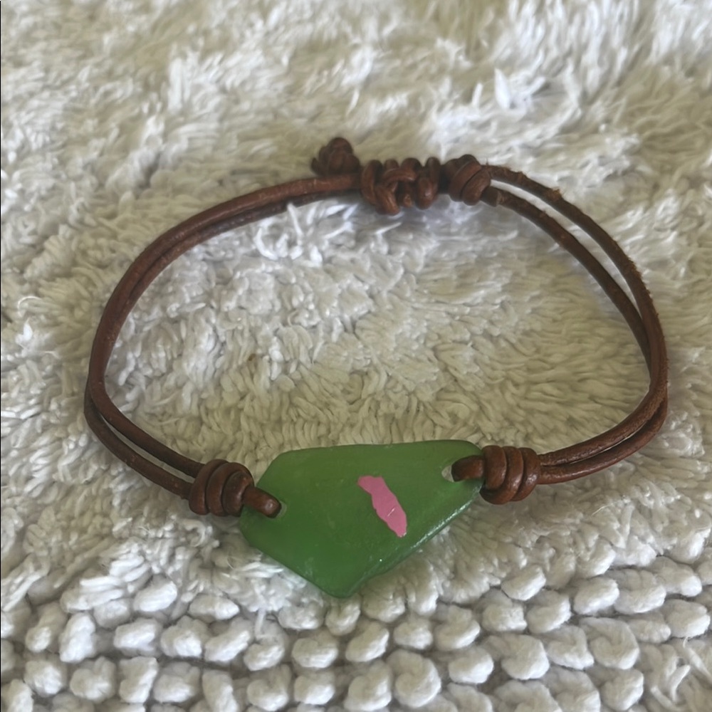 Green and Pink Stone Bracelet with Brown Cord. GUC